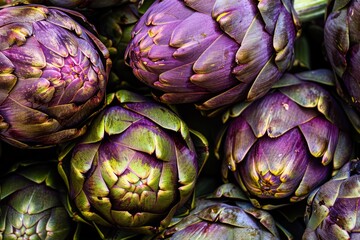 Freshly Harvested Organic Artichokes in Closeup, Highlighting Their Purple and Green Colors
