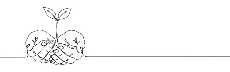 Continuous one-line drawing of hands holding a growing seedling, symbolizing protection, growth, nature, and environmental care in a minimalist style.
