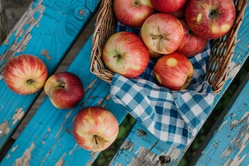 Rustic Harvest of Apples overflowing. A Basket filled with apples on blue wooden planks backdrop