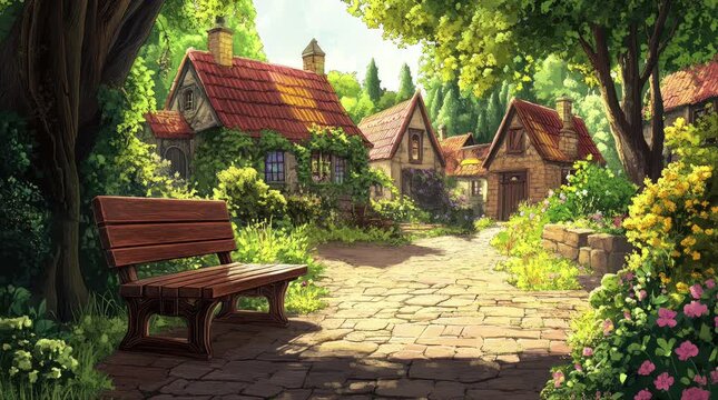 A view of a bench with a village. 4K animated video