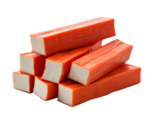 Fresh, vibrant imitation crab sticks stacked neatly, perfect for culinary creations and seafood recipes.