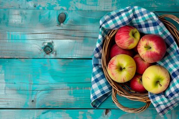 Fresh Apples and Kitchen Towel in a Basket on a Blue Textured Wood Table for Autumn Cooking