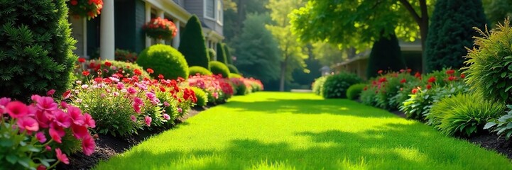 Vibrant Green Lawn and Colorful Flower Border Create a Welcoming Home Entrance, Perfect for Landscaping, Gardening, and Real Estate Websites