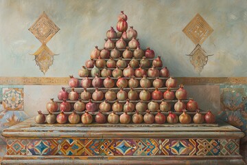 Vibrant Stock Image of a Bountiful Display of Ripe Pomegranates at a Fresh Produce Market Stall