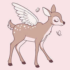 Whimsical Cute Bambi Deer with Angelic Wings, Pink Dreamlike Background