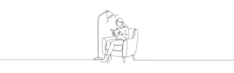 Continuous one-line drawing of a woman reading a book in an armchair under a lamp, depicting relaxation, education, and cozy indoor activities.