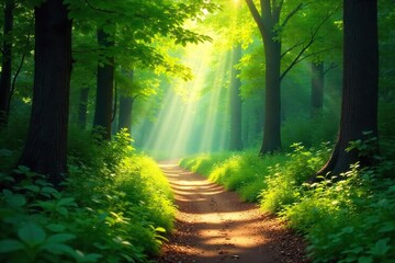 Magical Summer Forest Path Sunlight Dapples Lush Green Foliage, Creating a Serene and Idyllic Atmosphere Perfect for Travel and Nature Photography