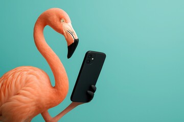 Stylish flamingo holding a black smartphone with the back facing viewer on a clean turquoise background, luxury digital lifestyle and communication concept with space for text