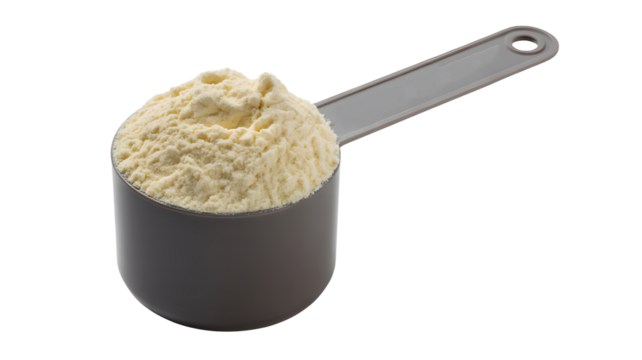 Professional scoop filled with creamy protein powder ready for your fitness routine or dietary supplement needs - Powered by Adobe