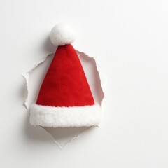 Red Santa hat tearing through white paper background with soft shadow and copy space on right, minimal winter concept symbolizing surprise holiday entrance
