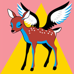Whimsical Winged Deer Illustration on Pink and Yellow Background