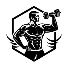 Muscular Bodybuilder Lifting Dumbbell in Hexagon Frame &ndash; Vector Fitness Logo Icon