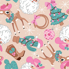 Seamless vector pattern with cowboy Santa Claus and vintage Christmas deer. Hand drawn western pattern with cactus and Christmas tree. 