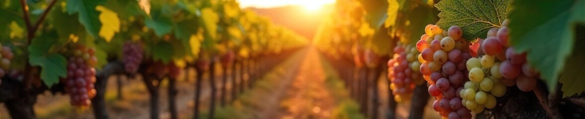 Golden Hour Grapes Ripe Purple Clusters Ready for Harvest in a Sunlit Vineyard, Signalling the Start of Winemaking