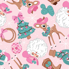 Seamless vector pattern with cowboy Santa Claus and vintage Christmas deer. Hand drawn western pattern with cactus and Christmas tree. 