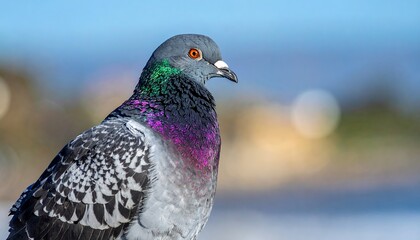 Close-up of a vibrant rock dove with iridescent plumage, looking to the right with a blurred background.