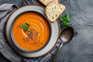 Bowl of creamy butternut squash soup garnished with parsley, served with sliced bread on counter