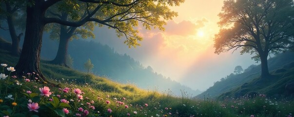 Serene Landscape Ethereal Light and Natures Quietude, Inspiring Spiritual Connection and Imaginative Possibilities