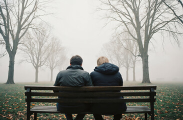 Pareja de adultos mayores sentados en un banco en un parque brumoso