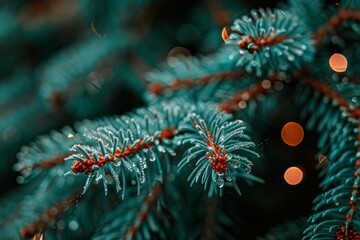 Evergreen Sprig with Raindrops and Soft Bokeh Background Lights in Close-Up Display