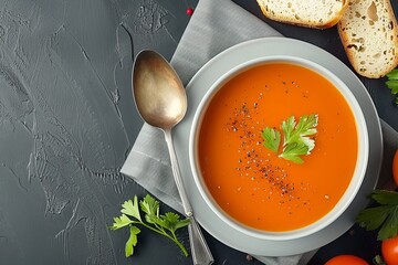 Delicious Crimson Tomato Soup in Elegant Bowls with Spoon
