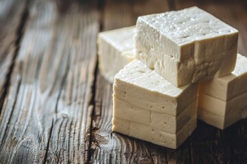 Close Up of Fresh Cubed White Tofu Stacked on Rustic Wooden Table for Delicious Food Images