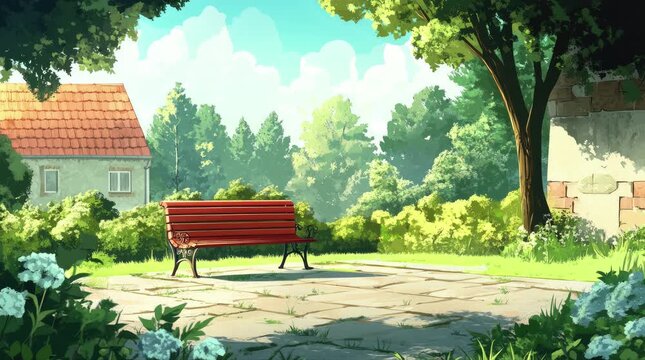 A view of a bench near a house. 4K animated video