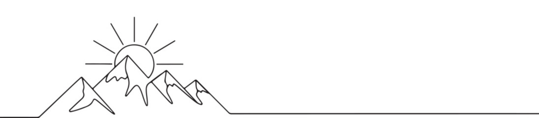 Fototapeta premium Mountains and sun continuous one line drawing. Hand drawn sunset panoramic view.