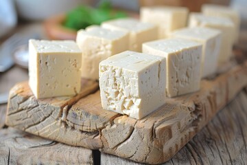 Vegan Protein Healthy Cubes and Plant Based Cheese Alternatives on Rustic Timber Slab Display
