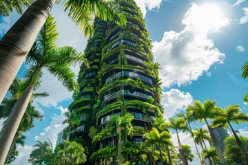 Eco-friendly urban residence surrounded by palm trees, blending modern design and sustainability.