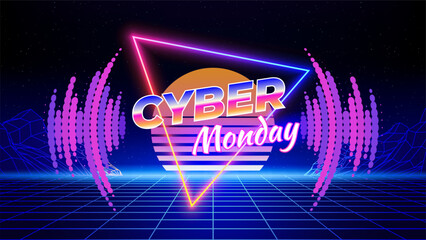 Cyber monday retro futuristic neon offer banner. 80s style, neon color. Sale poster, promotion, discount. Shining triangle, laser grid, wireframe mountain, floor. Retro synthwave concept. Vector