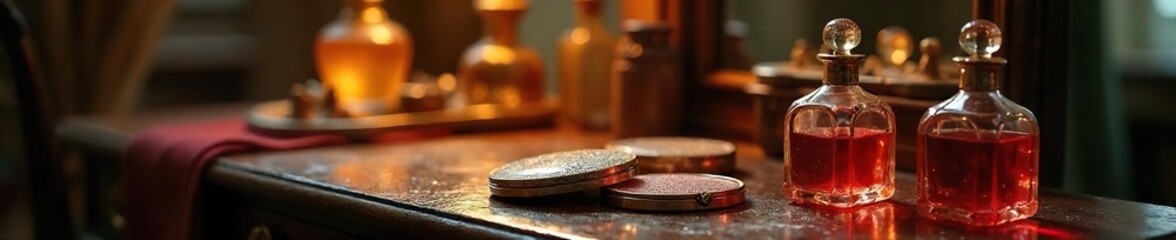 Glamorous Vintage Vanity Table with Sparkling Makeup and Perfume Bottles bathed in Soft Nostalgic Light.  A Beautifully Styled Scene Evoking Old-World Charm and Feminine Elegance.
