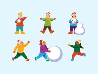 Naklejka premium Cute vector illustration of diverse children playing in the snow, building a snowman and having a snowball fight. Winter fun activities for kids
