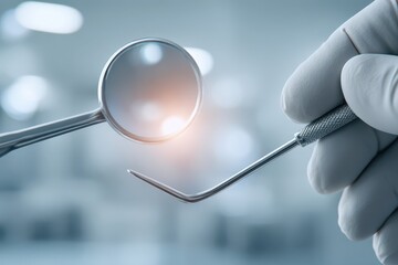 Professional dental tools held by a gloved hand in a modern clinic setting.