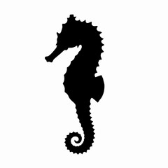 A detailed black silhouette of a seahorse with a curled tail isolated on a white background.