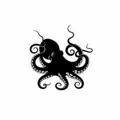 A black silhouette of an octopus with its tentacles spread out against a white background.