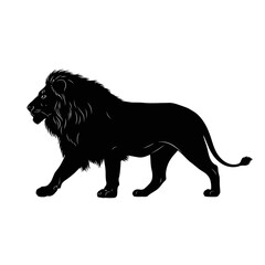 Black silhouette of a majestic male lion walking in profile, showcasing its powerful form and impressive mane against a white background.