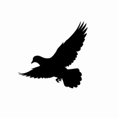 Silhouette of a flying bird with outstretched wings against a white background, showing detail.