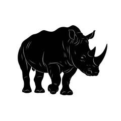 Silhouette of a rhinoceros standing on a white background.