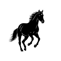 Silhouette of a black horse running, isolated on white background.