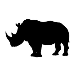 A black silhouette of a rhinoceros standing on a white background.