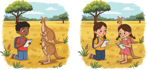PrintChildren drawing kangaroos in Australian outback, wildlife education, creative art learning, kids outdoor activity, animal illustration, nature exploration, cute adventure scene