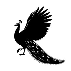 Silhouette of a peacock with its wings spread, showcasing intricate details and elegant posture.