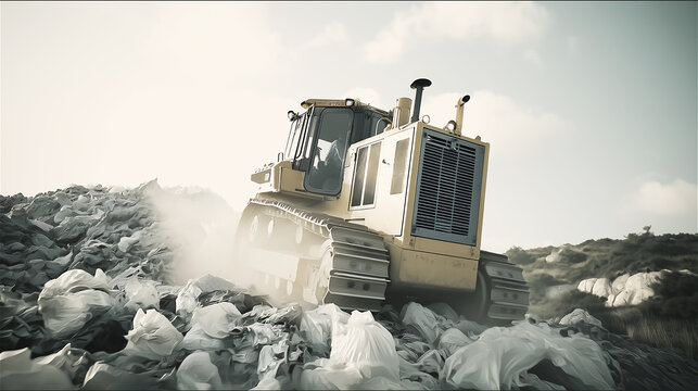Bulldozer moving garbage at landfill with cloudy sky, symbolizing waste management, pollution, and industrial impact on environment.