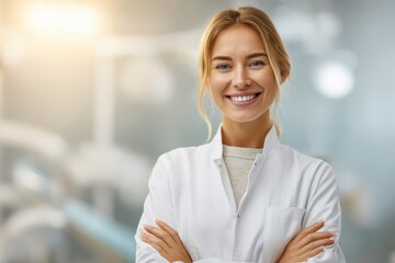 Fototapeta premium Confident young female doctor in white lab coat, smiling brightly.