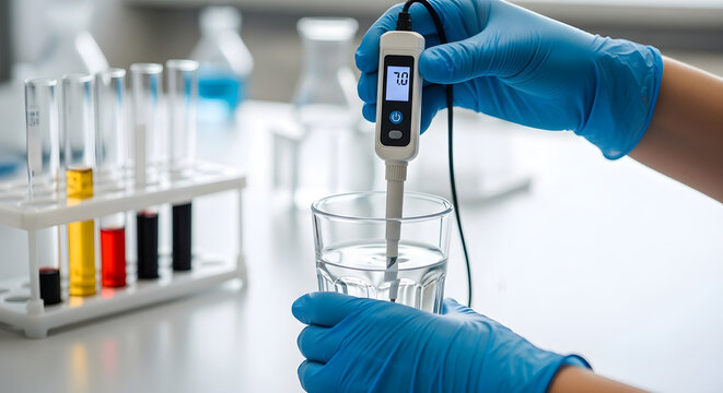 Ph meter measuring ph level of water in laboratory