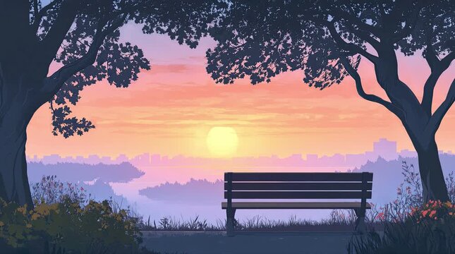 A view of a bench with the sun at dusk. 4K animated video