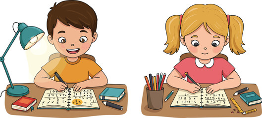 PrintHappy children studying math, doing homework together, learning numbers, writing in notebooks, kids education, classroom study, school learning illustration, colorful desk scene