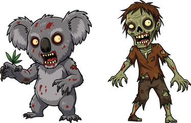 PrintFunny zombie koala holding leaf and undead man cartoon illustration, scary Halloween characters, creepy monster animals, horror walking dead vector art