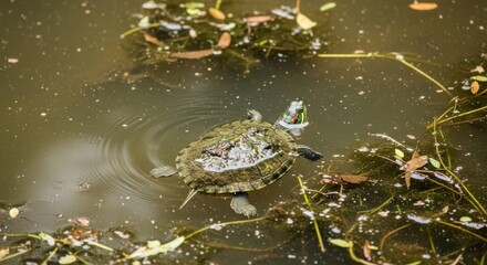 Fototapeta premium Small turtle swimming in pond amongst floating leaves and algae